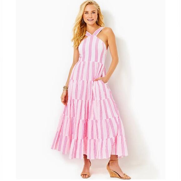 Lilly Pulitzer Jenette Halter Maxi Havana Pink Sails & Stripes Seersucker 00 NWT - Picture 3 of 12